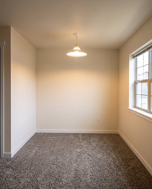 A room with a carpeted floor and a window.