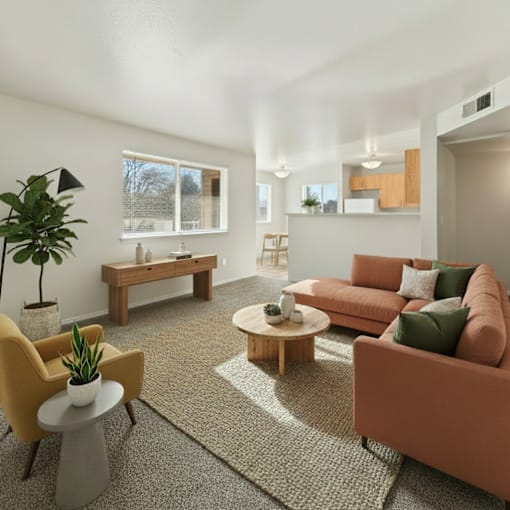 A living room with a yellow chair, a brown sofa, and a coffee table.