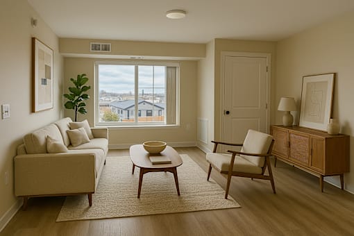 A living room with a couch, chair, and table at The Beaumont Apartments, MT 59715