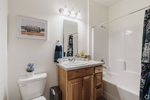 A bathroom with a white toilet, a wooden vanity, and a shower with a black and white curtain.