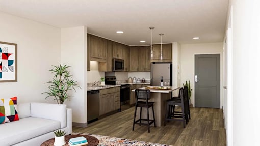 A modern kitchen with a dining area and a living room.