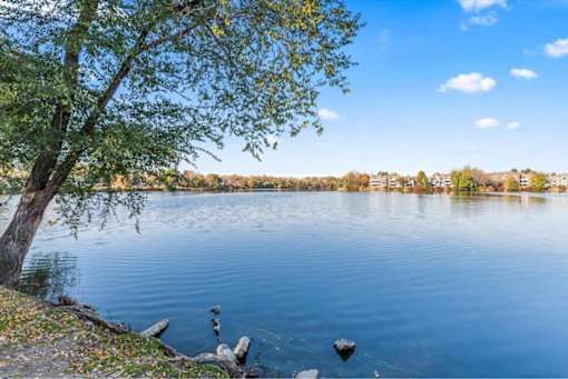 Lakefront view with tree and residential homes at Edgewater Apartments, Boise, ID 83703