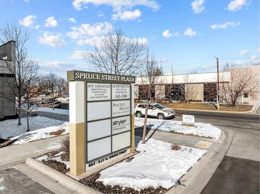 A sign for Spruce Street Plaza at Spruce Street, Montana