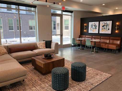 Modern resident lounge at Morrow Apartments in St. Paul, MN, near the Green Line and Midway Marketplace.
