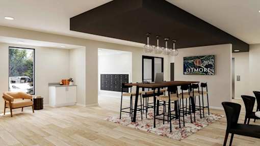 A modern living room with a bar area and a view of the outdoors.