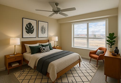 A bedroom with a bed, chair, and a ceiling fan at The Beaumont Apartments, Bozeman, MT