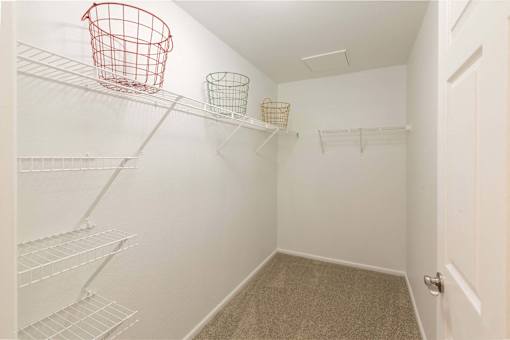 Empty white pantry with shelves and baskets.