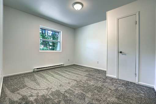 A room with a carpeted floor, a window, and a door.