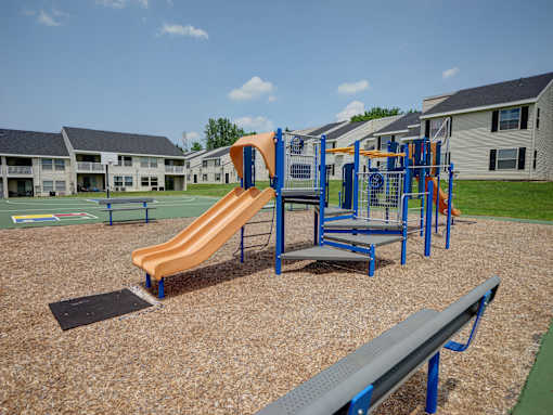 A playground with a slide, monkey bars, and a bench.