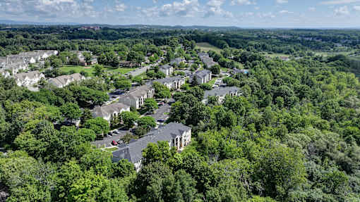A bird's eye view of a residential area surrounded by trees.