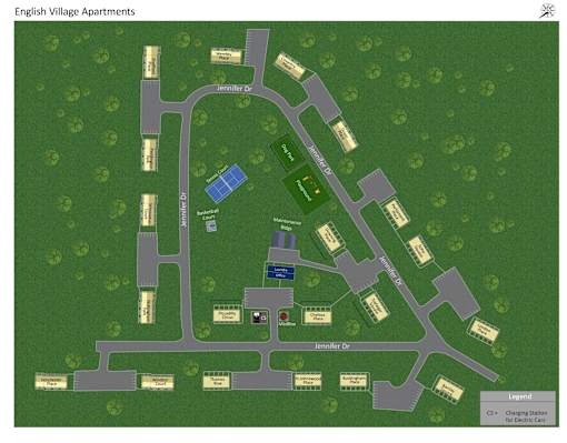 A map of the English Village Apartments with roads and building names.