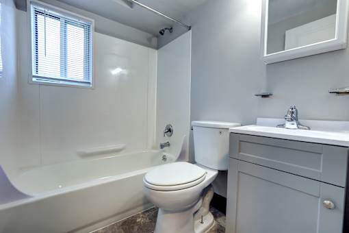 A white toilet sits next to a bathtub in a bathroom.