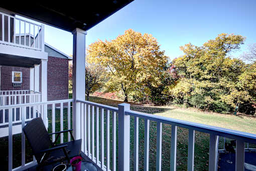 A chair is on a porch with a view of trees.