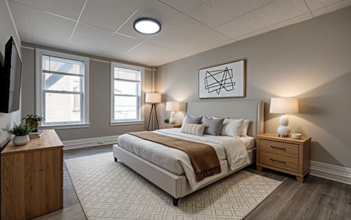 A bedroom with a large bed, a wooden nightstand, and a window.