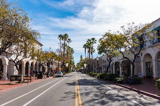 A street with trees and buildings on both sides.
