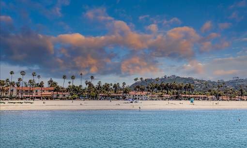 A beach with palm trees and a few people.