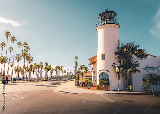 A white lighthouse with a black top stands in front of a building with a sign that reads