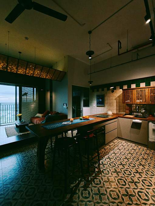 A kitchen with a table and chairs in front of a window.