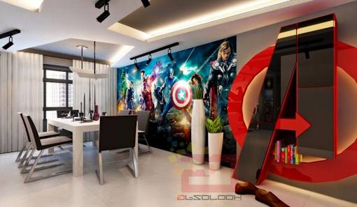 a living room with a wall mural of avenger characters