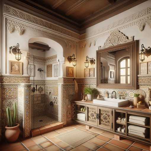 A bathroom with a tiled floor and walls, a sink, a mirror, and a potted plant.