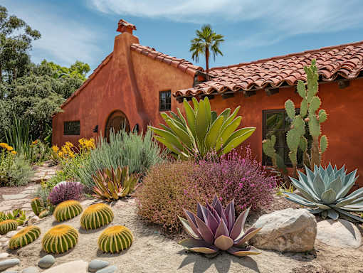 A red house with a garden in front.