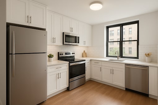 A kitchen with white cabinets and a black fridge.