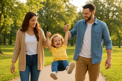 A family of three is walking in a park.