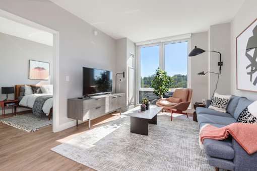 a living room with a couch and a coffee table