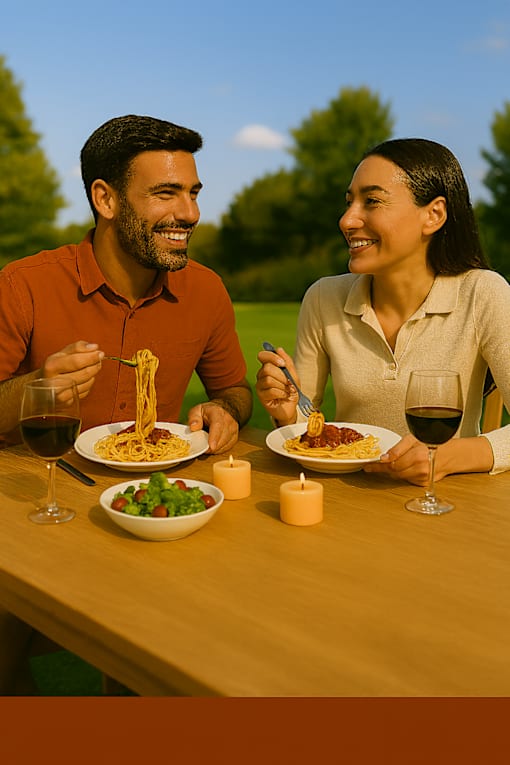 A man and woman are enjoying a meal together outdoors.
