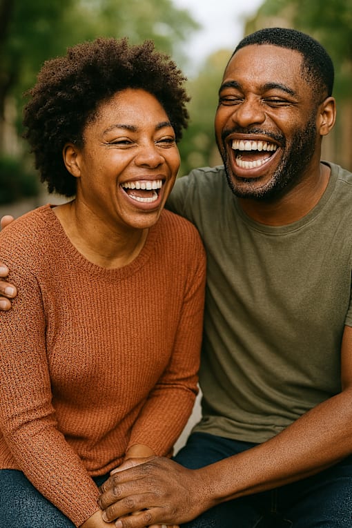 A man and a woman are sitting close together, laughing.