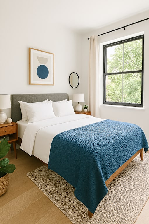 A bed with a blue blanket and white pillows is in the image.