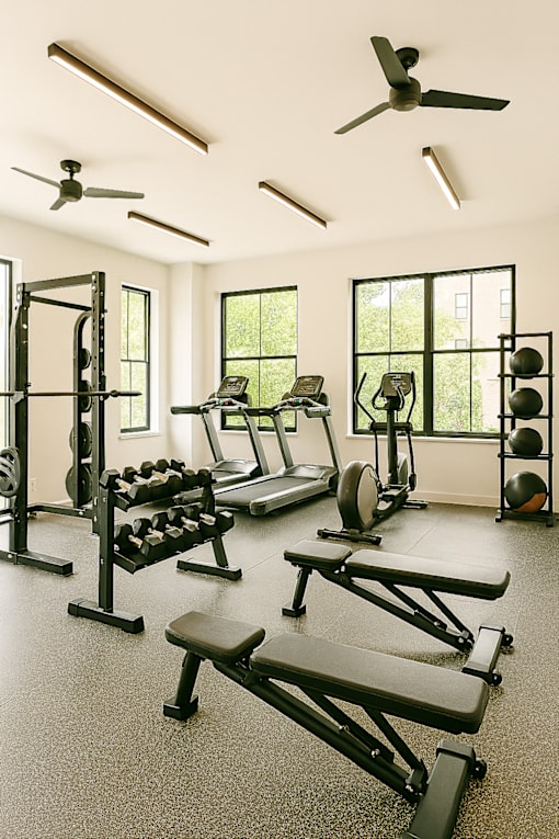 A gym with a variety of equipment including weights and a treadmill.