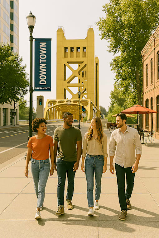 Four people walking down a sidewalk in front of a yellow structure with the words "NW 4th St" on it.