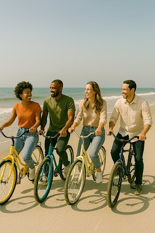 Four people riding bikes on a beach.