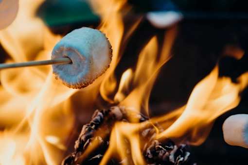 A marshmallow is being roasted over an open flame.
