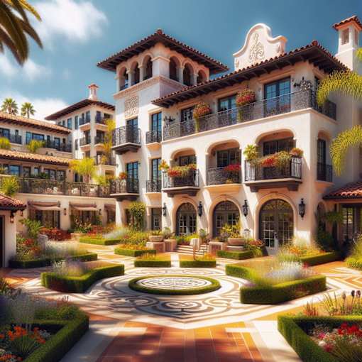 A large, beautifully landscaped property with a courtyard in the center.