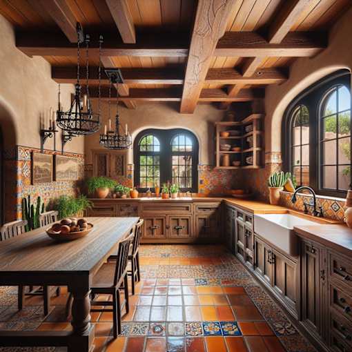 A kitchen with wooden floors and a wooden table with chairs.