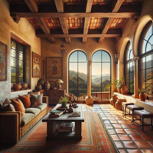 A living room with a large window and a view of the mountains.
