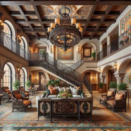 A grand staircase with a metal railing leads up to a balcony in a luxurious room.
