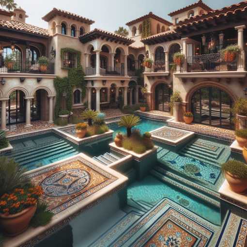 A luxurious house with a pool and a fountain in the middle.