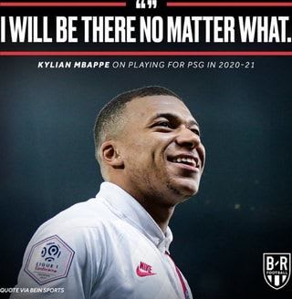 A poster featuring Kylian Mbappe with a quote about playing for PSG in the 2020-21 season.