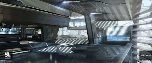 a futuristic building with a lobby and a large window