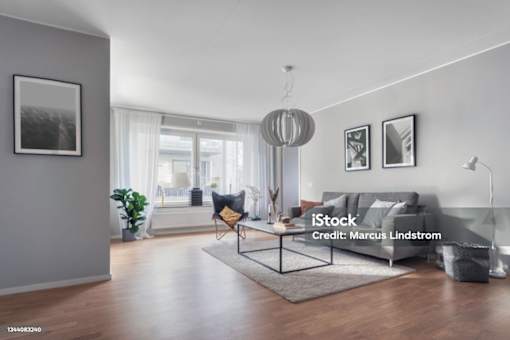 A modern living room with a grey sofa, a black chair, and a grey rug.