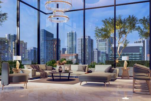 A modern living room with a view of the city skyline.