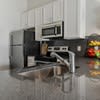 A kitchen with a stove top oven and a microwave above it.