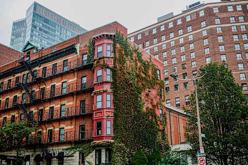 A red building with a lot of windows and plants growing on it.