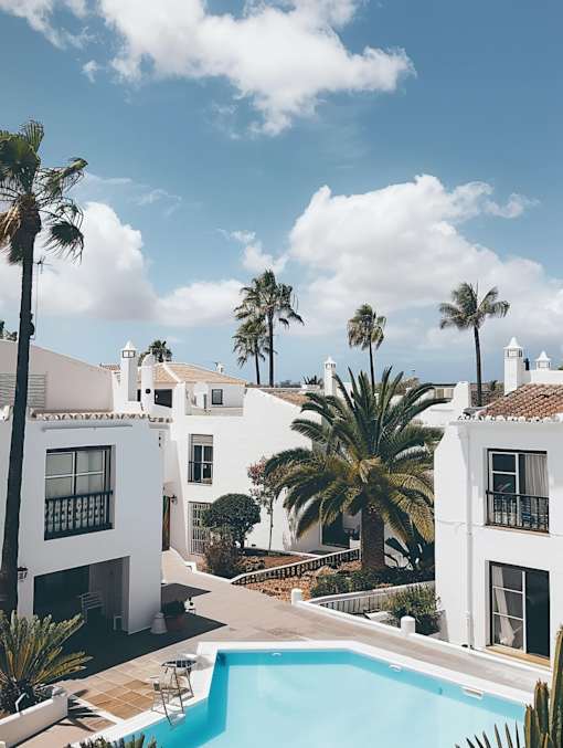 A swimming pool is surrounded by palm trees and white buildings.