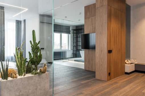 a view of the bathroom from the living room