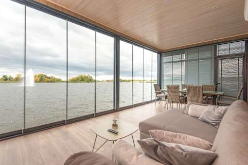 a view of the lake from the living room