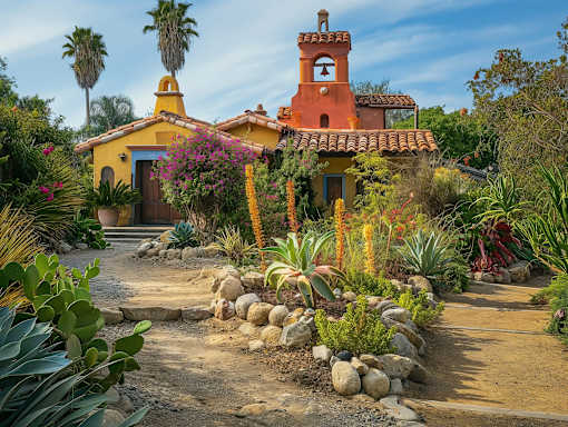 A house with a red roof and a tower is surrounded by a garden with a variety of plants and flowers.